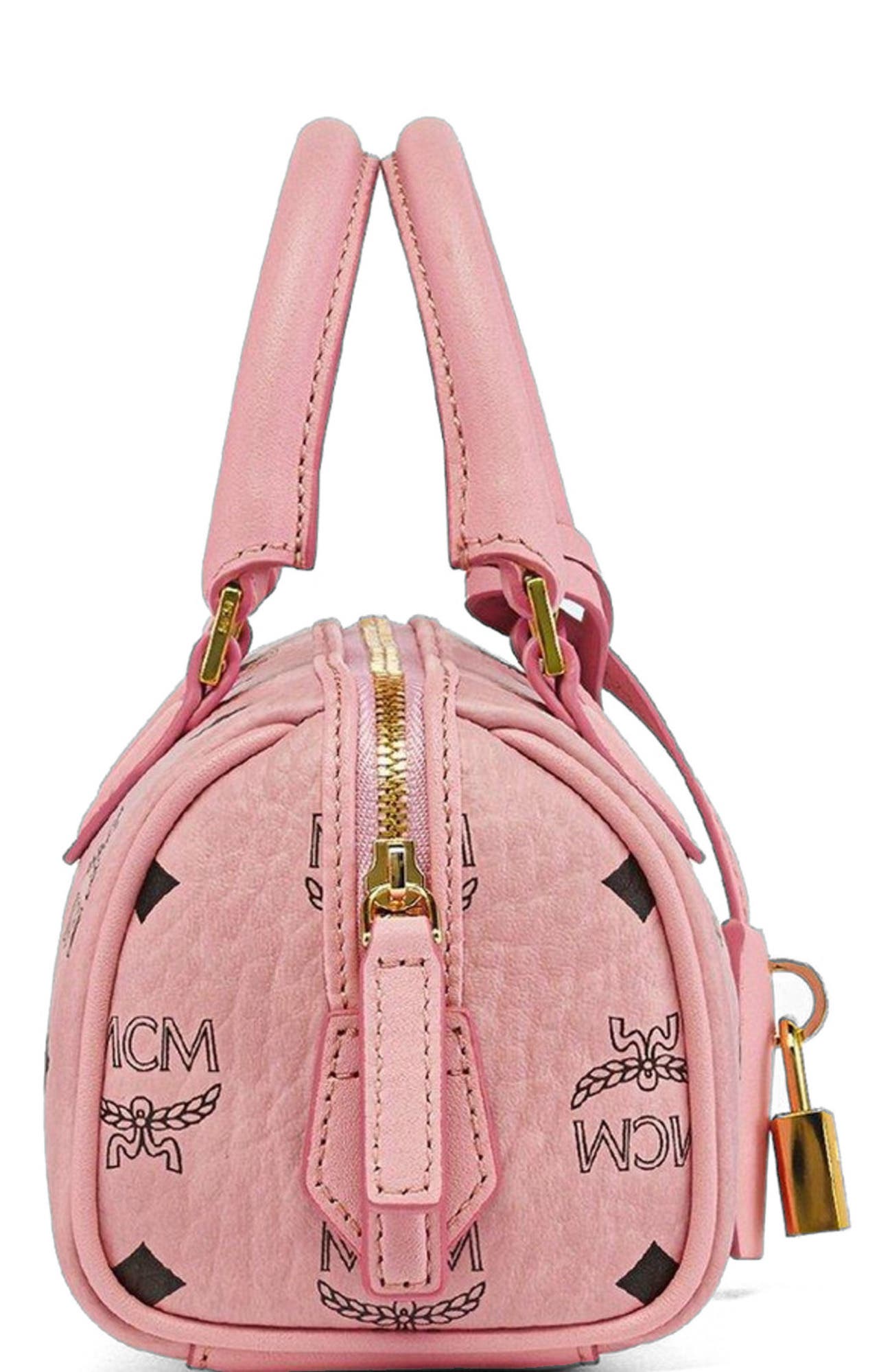 MCM Mini Ella Boston Bag in Visetos, Alternate, color, Soft Pink
