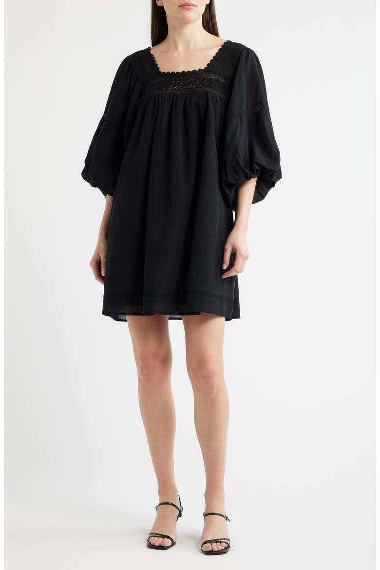 Lorelei Puff Sleeve Cotton Shift Dress, Main, color, NOIR