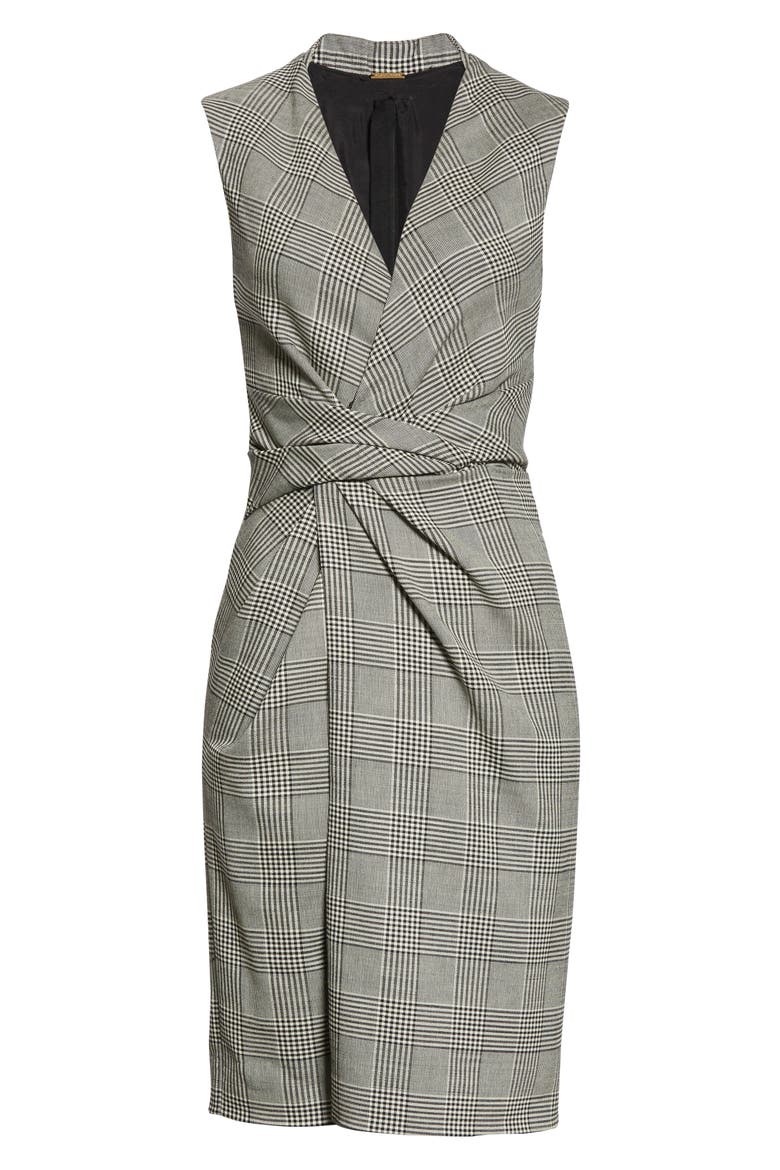 Glen Plaid Drape Waist Sheath Dress, Alternate, color, BLACK/ WHITE MULTI