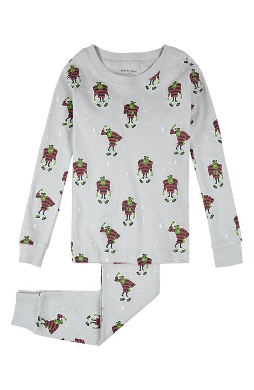 Petit Lem Kids' Frankenstein Glow in the Dark Fitted Two-Piece Organic Cotton Pajamas in Light Grey 