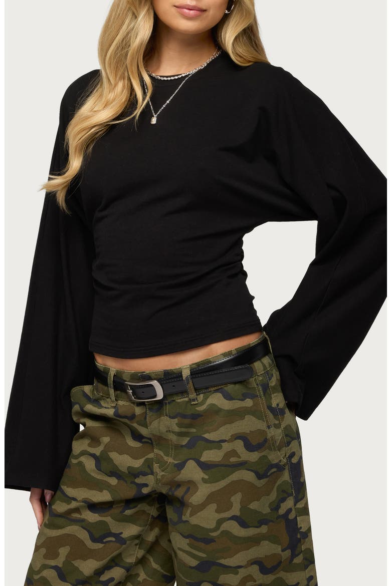 Charlisa Ruched Long Sleeve Crop Top, Alternate, color, BLACK