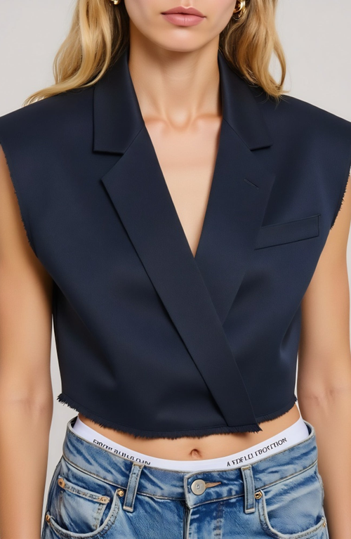 Modenaire Sleeveless Cropped Tailored Collar Raw Edge Hem Blazer Vest In Blue