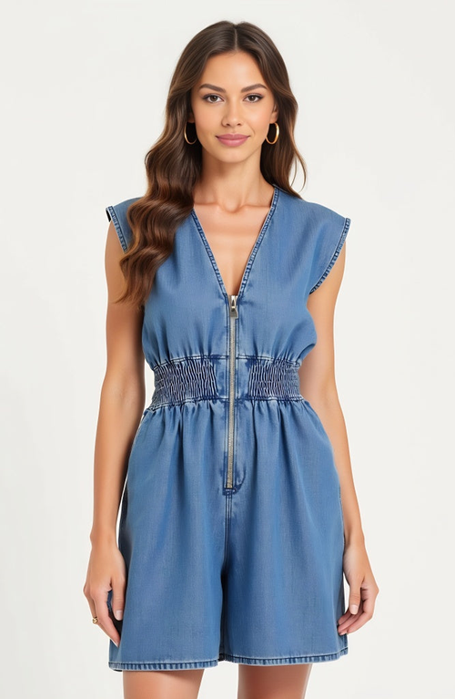 Modenaire Denim Romper With Cap Sleeves Smocked Waist And Front Zip Closure In Blue