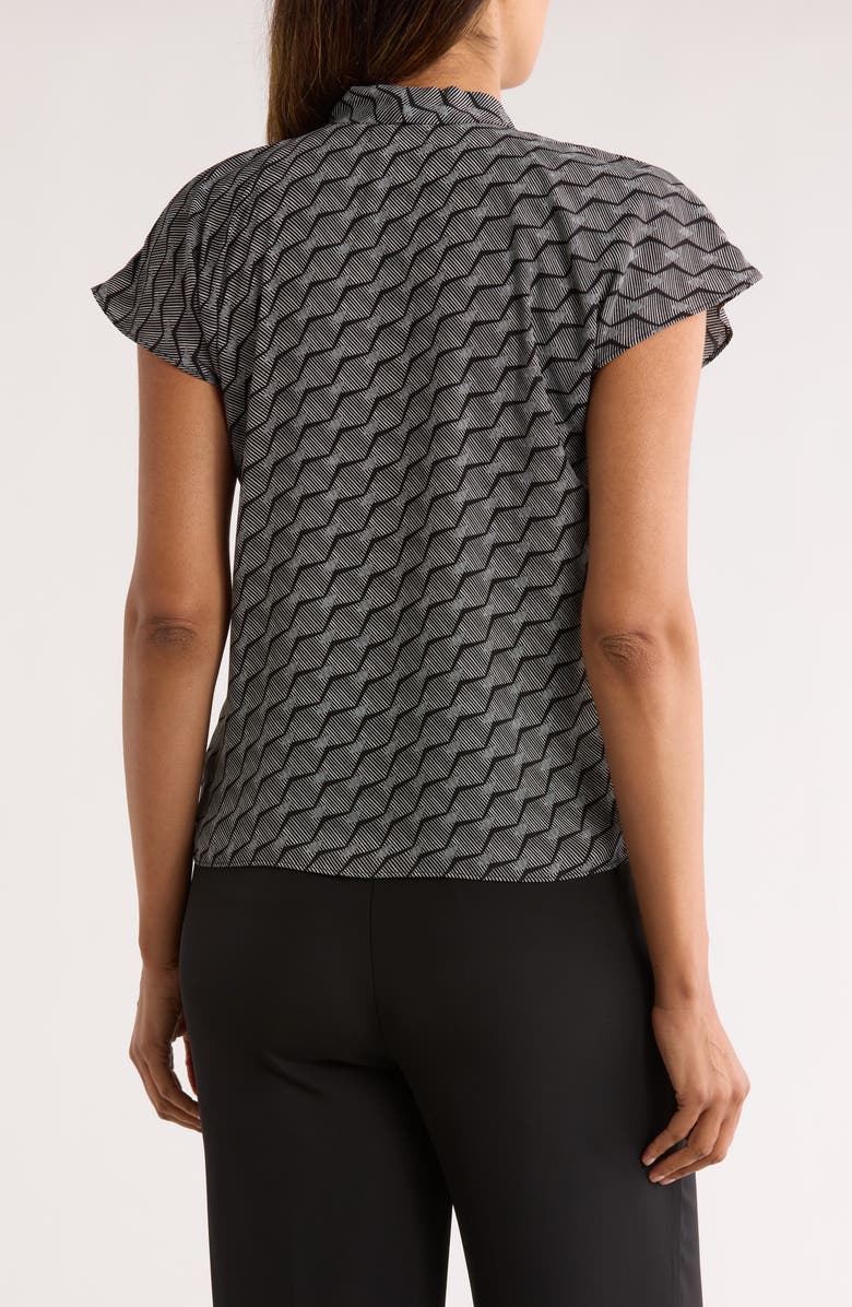 NORDSTROM RACK Tie Neck Flutter Sleeve Top, Alternate, color, Black- Ivory Rake Geometric