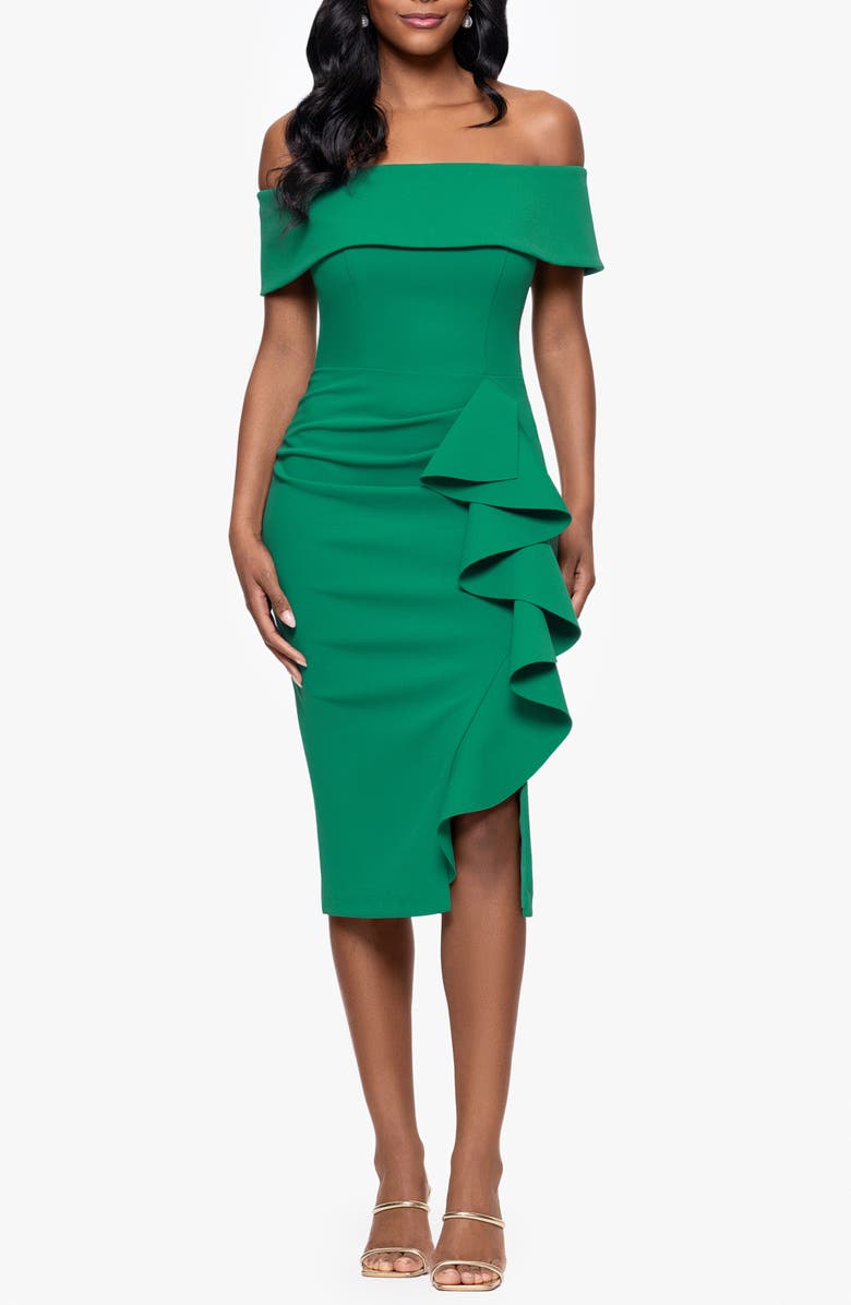 Betsy & Adam Ruffle Off the Shoulder Crepe Cocktail Dress, Main, color, 