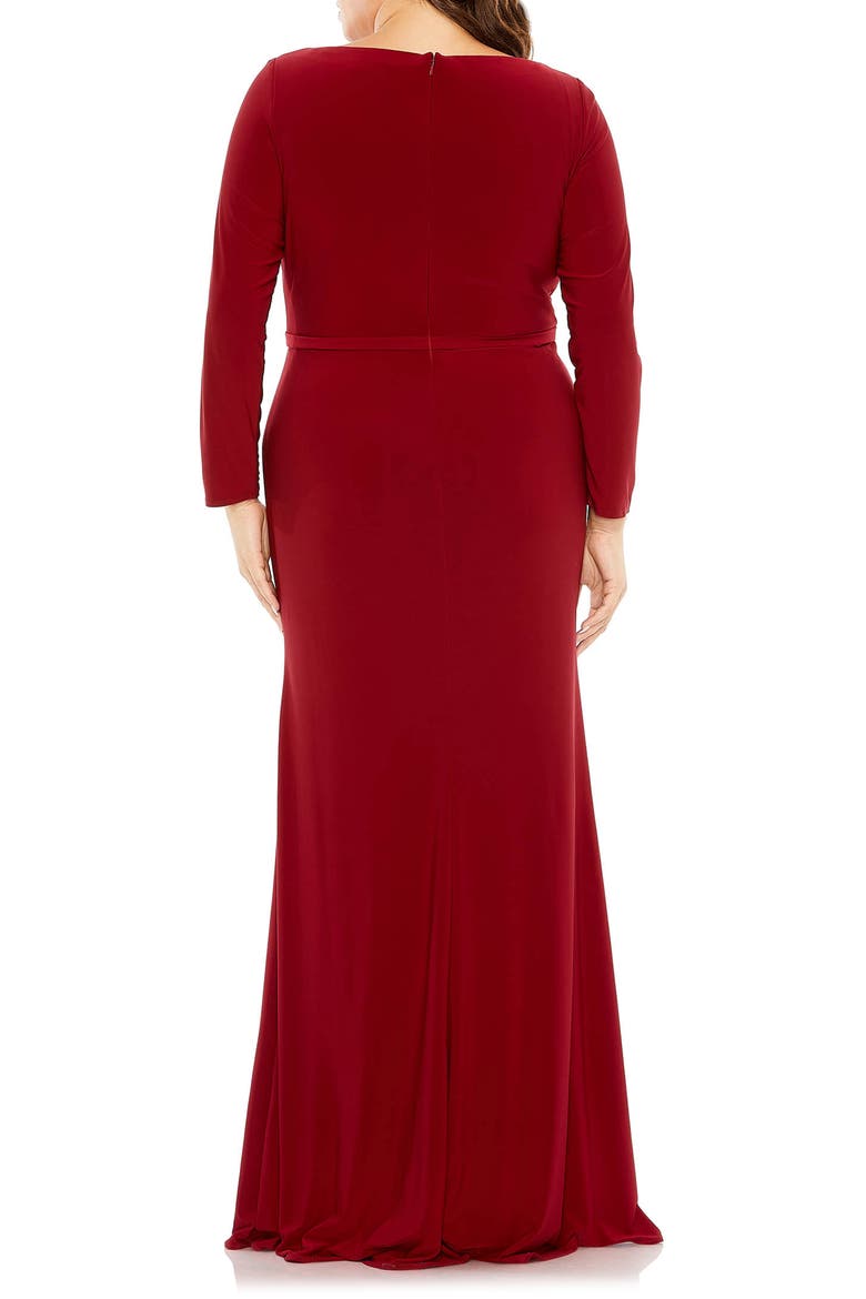 Long Sleeve V-Neck Faux Wrap Gown, Alternate, color, BURGUNDY