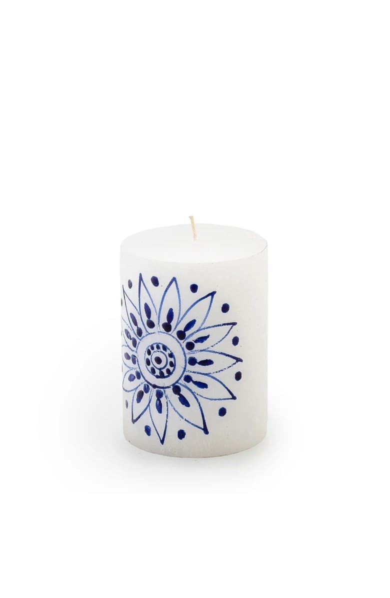 Thumbprint Artifacts Henna Blue on White Painted Pillar Candle, Main, color, Henna Blue - 3X4"