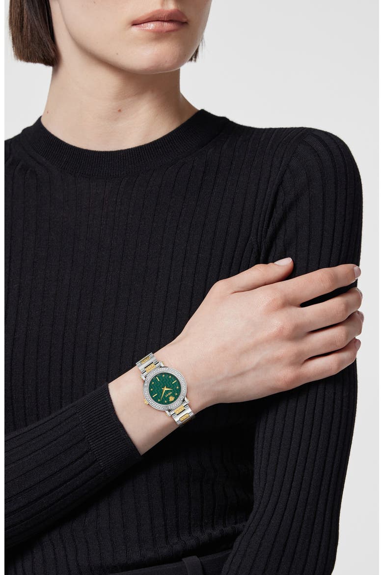 Greca Sphere Petite Bracelet Watch, 30mm, Alternate, color, GREEN/ TWO TONE