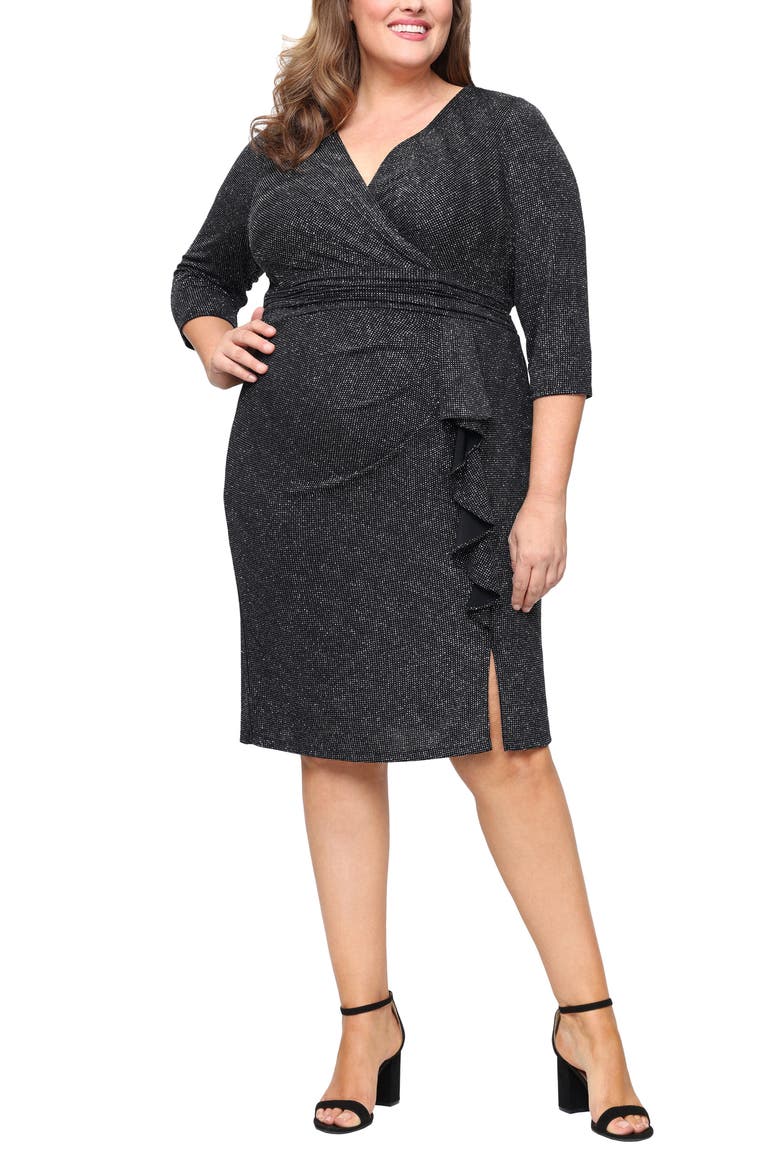 Ruffle Metallic Knit Cocktail Dress, Main, color, BLACK