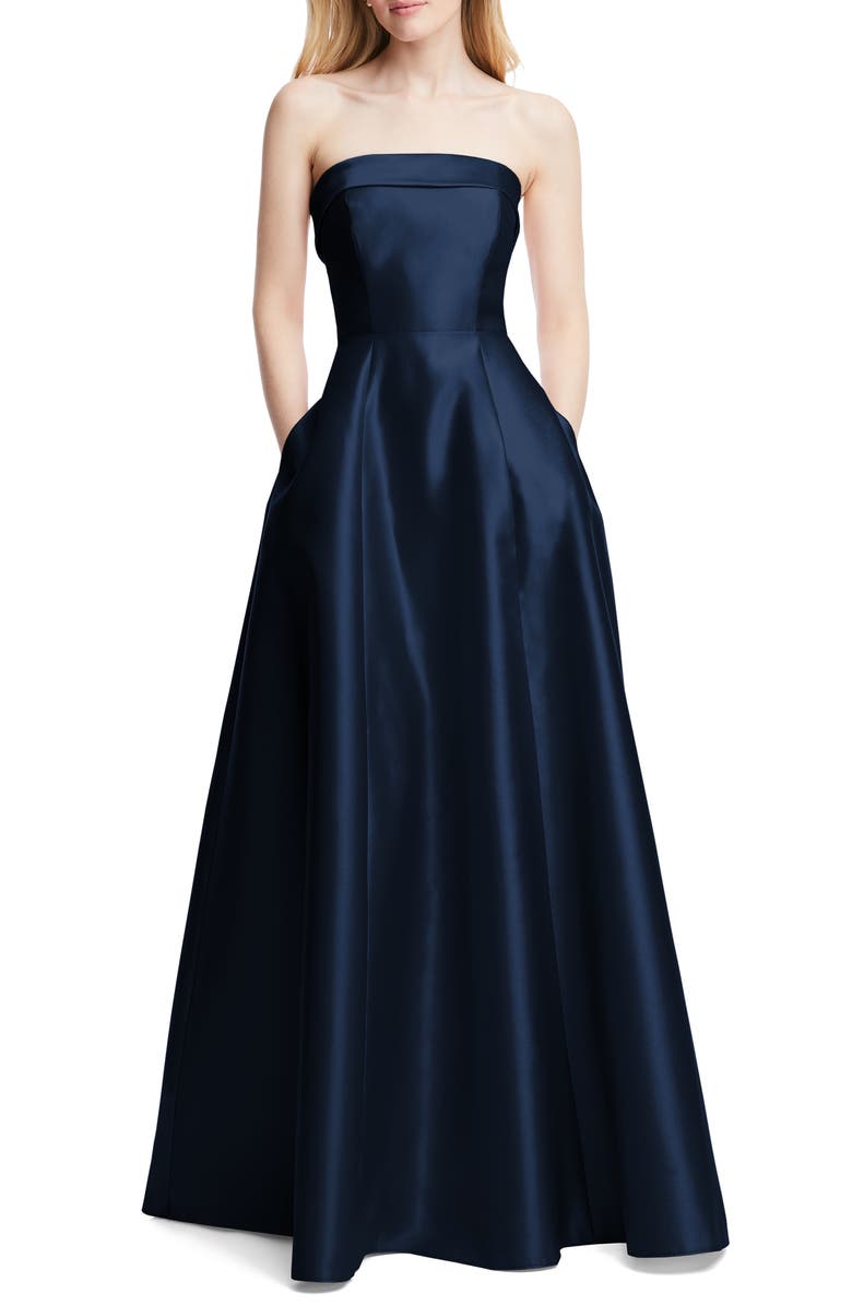 Alfred Sung Strapless Cuff Satin Gown, Main, color, Midnight