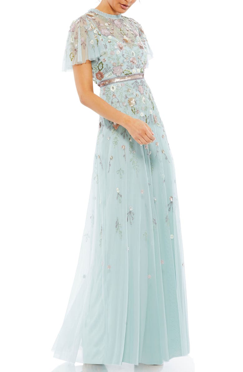 Mac Duggal Embellished High Neck Butterfly Sleeve Gown, Main, color, Mint