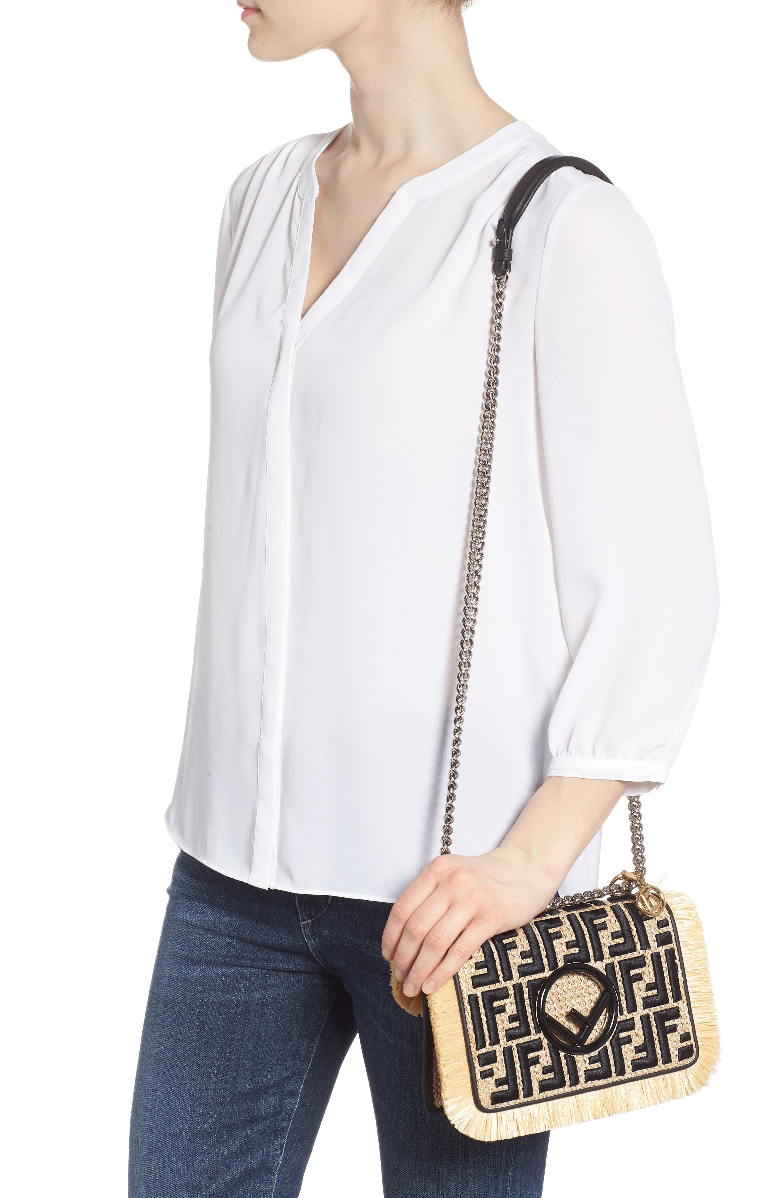 Fendi Kan I Raffia & Leather Small Shoulder Bag, Alternate, color, 