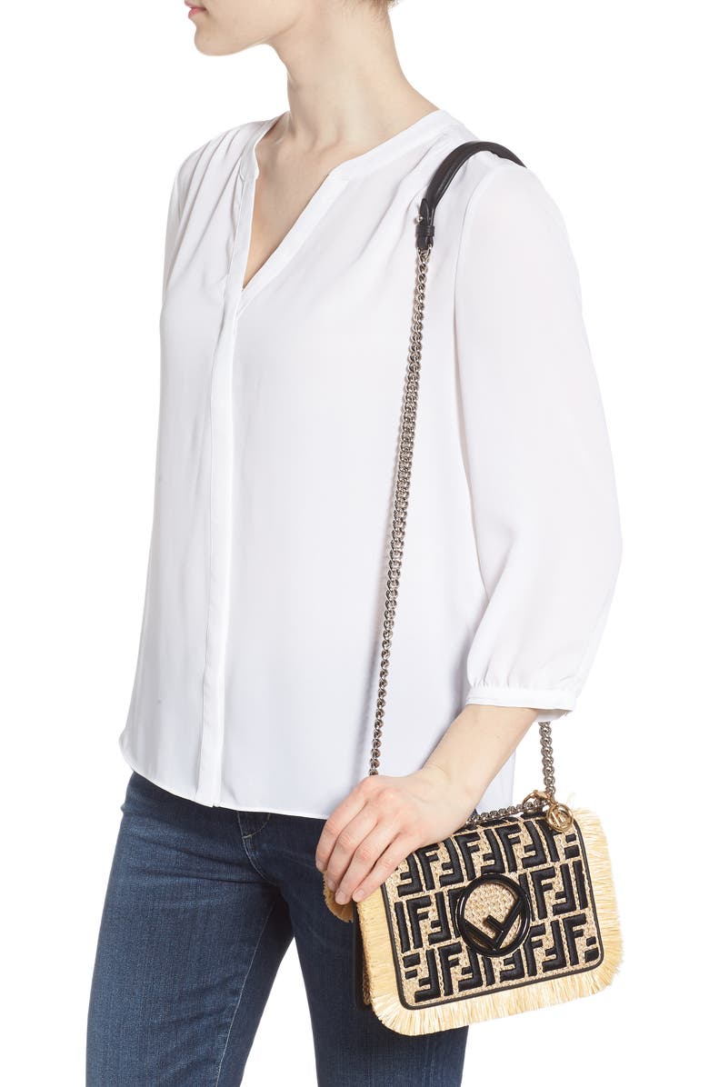 Fendi Kan I Raffia & Leather Small Shoulder Bag, Alternate, color,