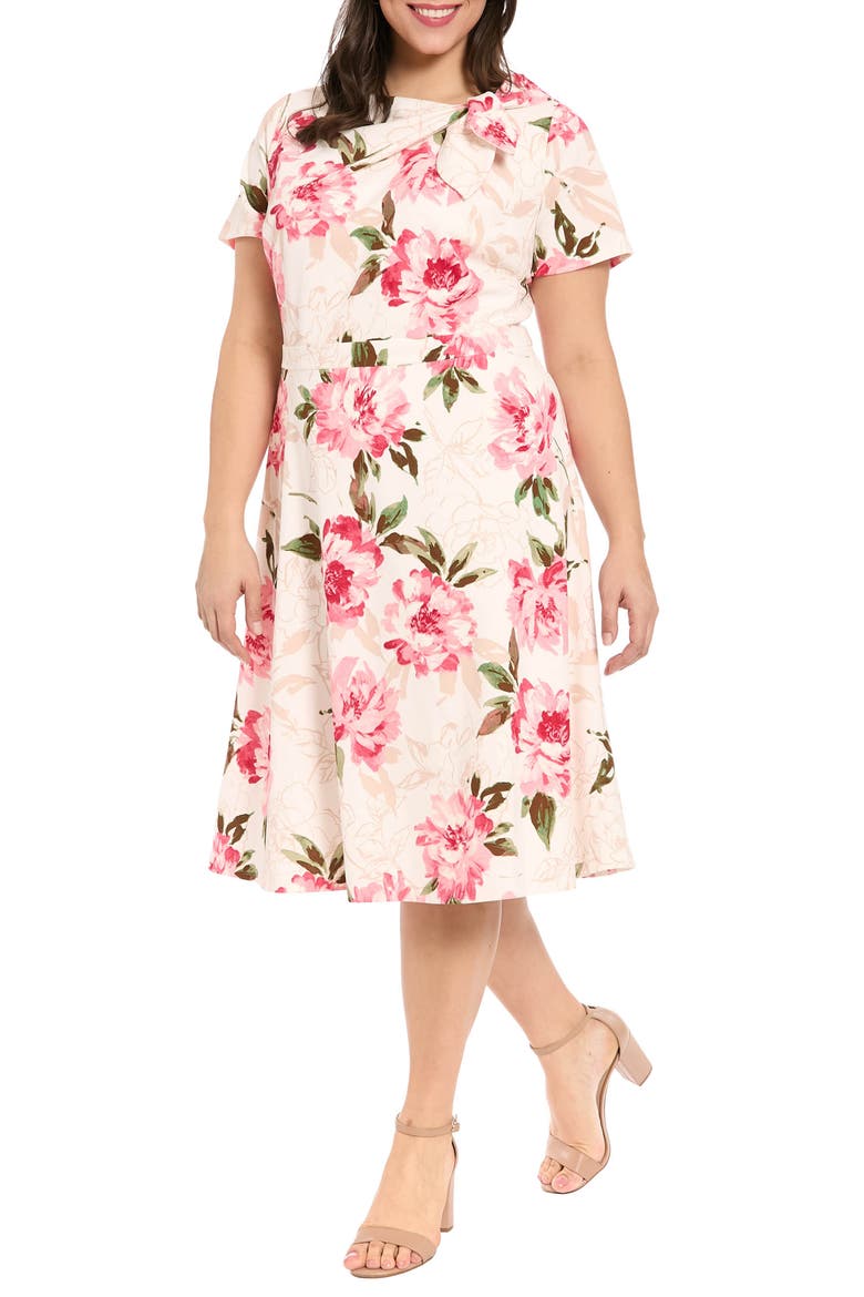 Tie Neck Fit & Flare Dress, Alternate, color, IVORY/ ROSE
