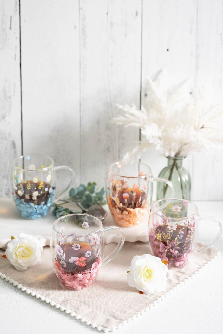 Double Wall Flower Mugs, Assorted Colors, Set of 4, Alternate, color, Multi