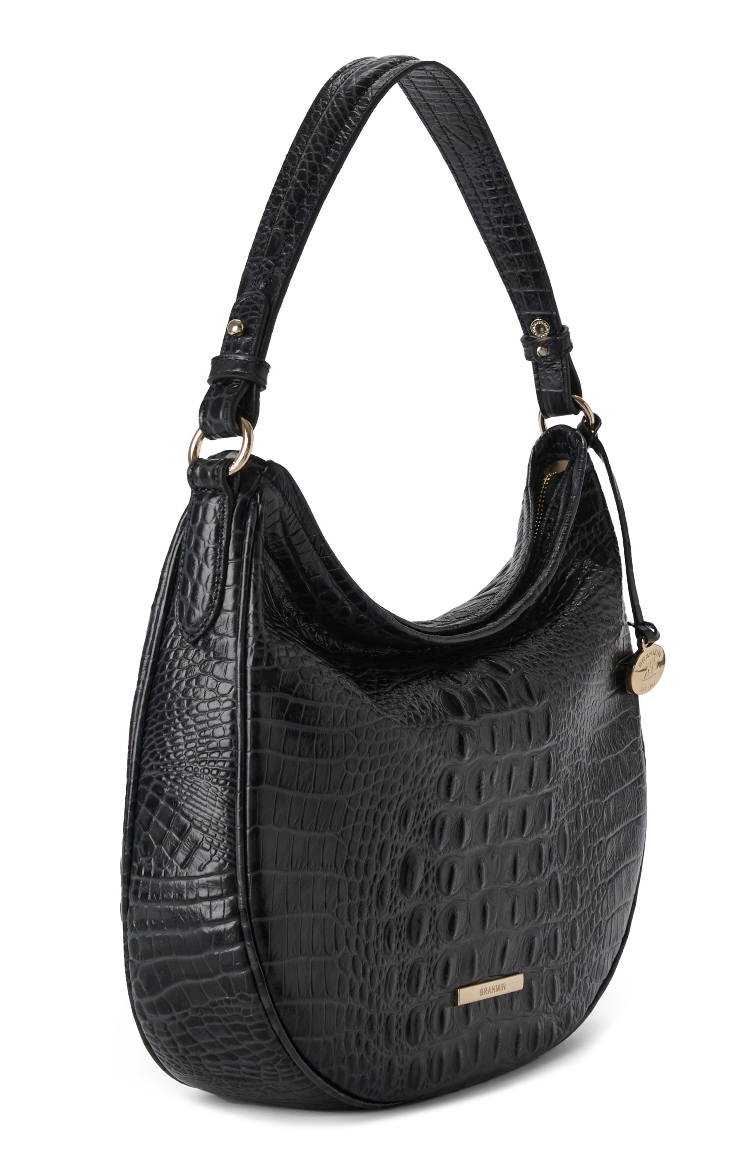 Brahmin Small Kathleen Croc Embossed Leather Shoulder Bag, Alternate, color, Black Alden Road