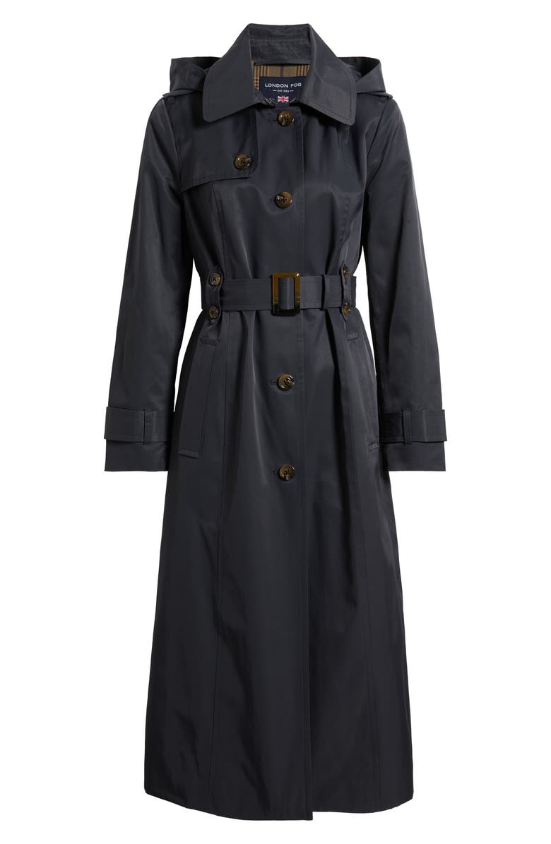 London Fog Hooded Single Breasted Maxi Trench Coat, Alternate, color, Charcoal