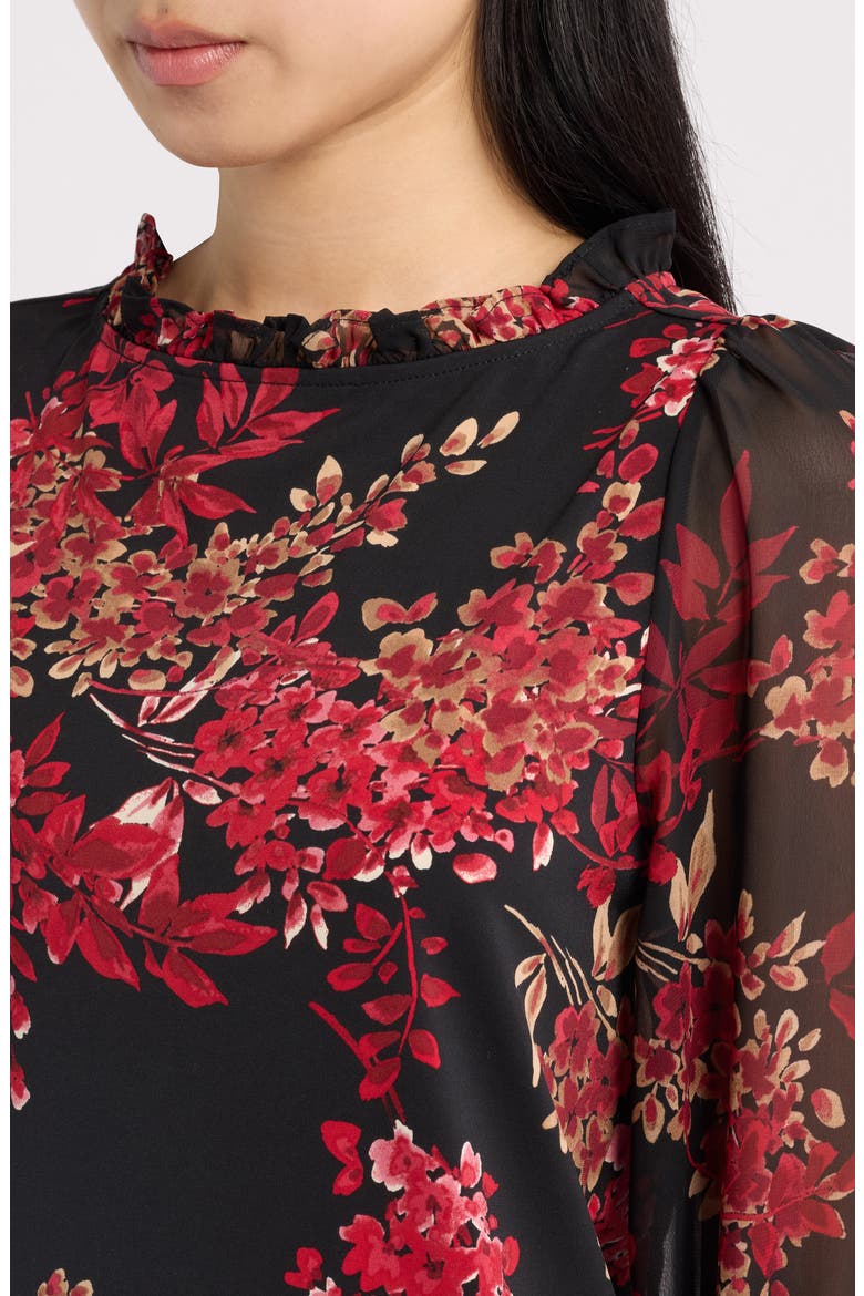 Floral Ruffle Neck Puff Sleeve Top, Alternate, color, ANNE BLACK MULTI