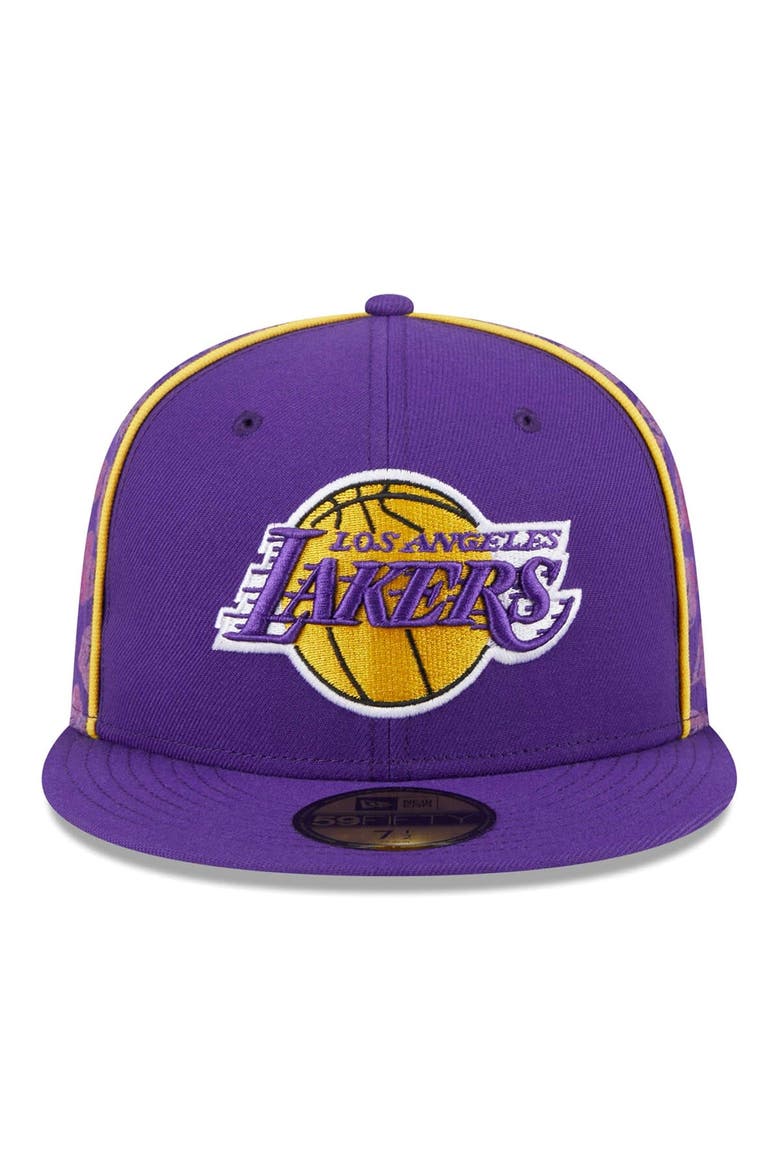 Men's New Era Purple Los Angeles Lakers Piped & Flocked 59Fifty Fitted Hat, Alternate, color, Purple