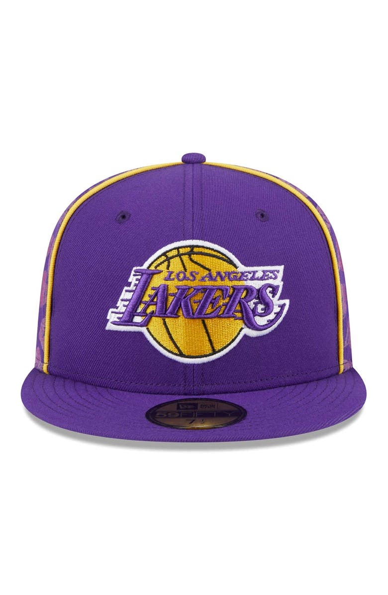 New Era Men's New Era Purple Los Angeles Lakers Piped & Flocked 59Fifty Fitted Hat, Alternate, color,