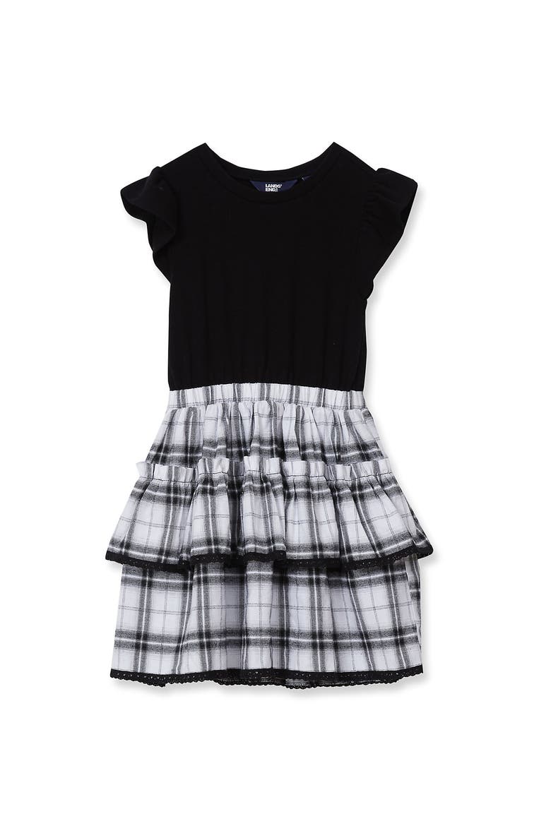 Girls Short Sleeve Mixed Media Dress, Main, color, Black Plaid