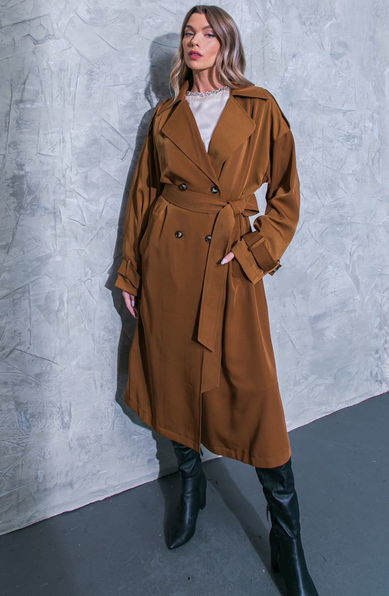 FLYING TOMATO Double Breasted Trench Coat, Alternate, color, Brown