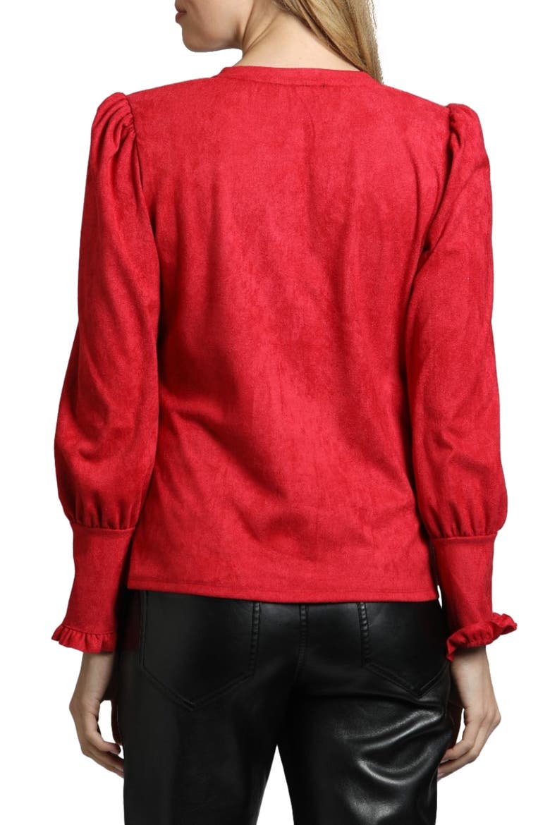 Ruffle Puff Sleeve Faux Suede Button-Up Shirt, Alternate, color, RED