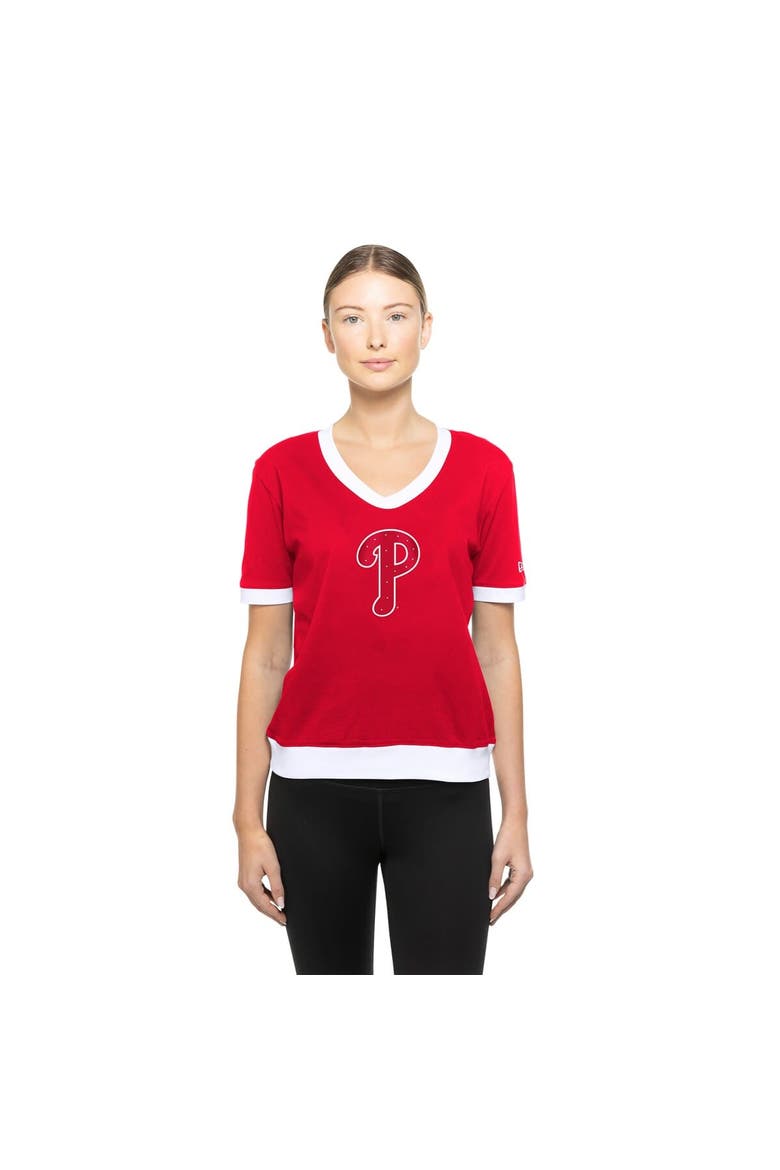 Women's New Era  Red Philadelphia Phillies Game Day Rhinestone V-Neck T-Shirt, Main, color, Red
