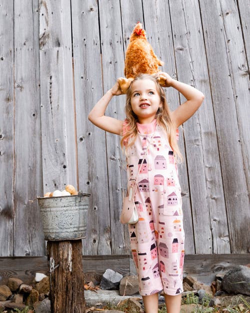 Deux Par Deux Girl's Printed French Terry Overalls Pink And Coral Houses In Pink And Coral Houses