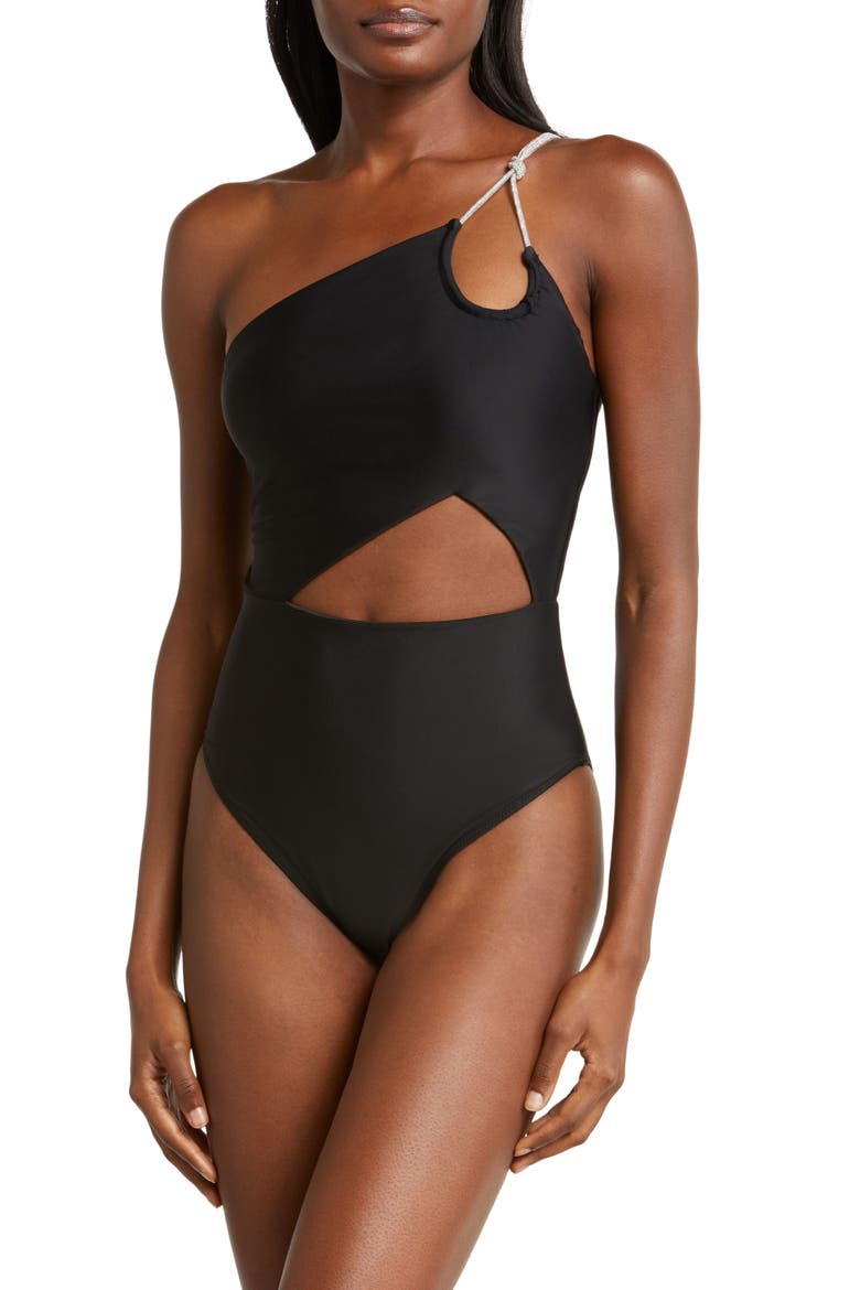 India One-Shoulder One-Piece Swimsuit, Main, color, BLACK