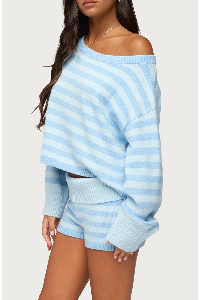 Saphi Striped Oversized Off the Shoulder Knit Sweater, Alternate, color, LIGHT-BLUE