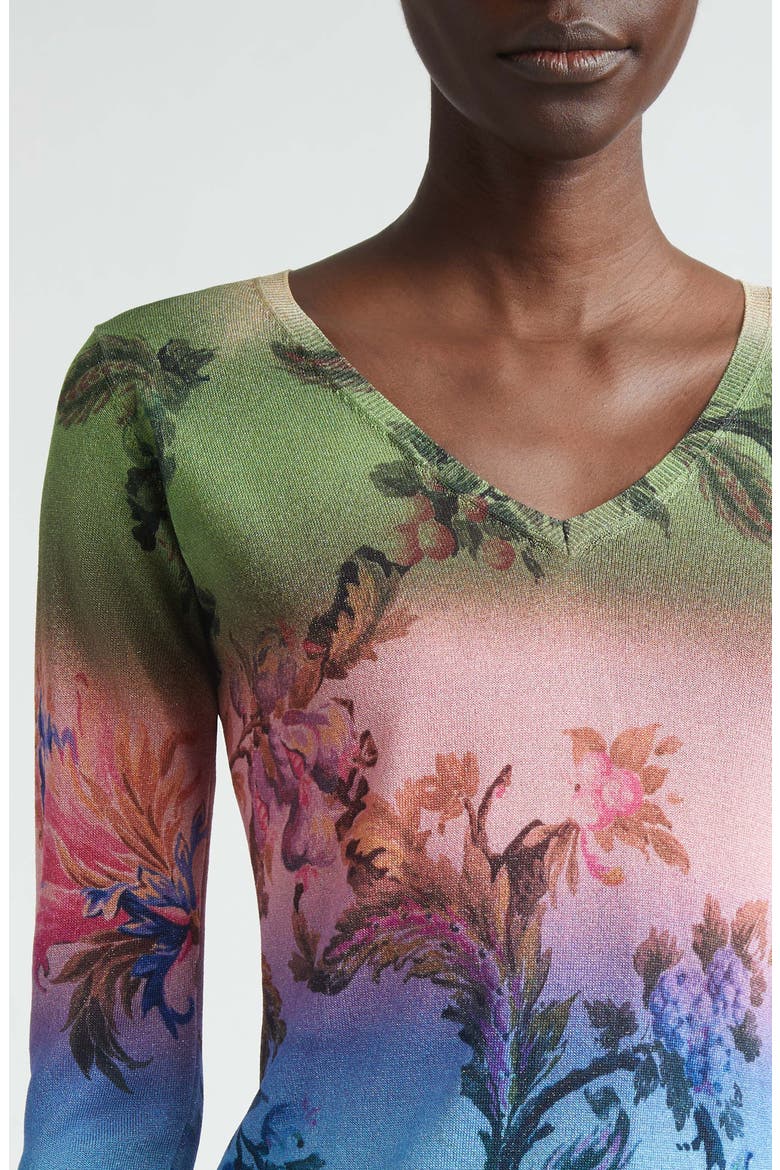 Metallic Floral Ombré V-Neck Sweater, Alternate, color, GREEN
