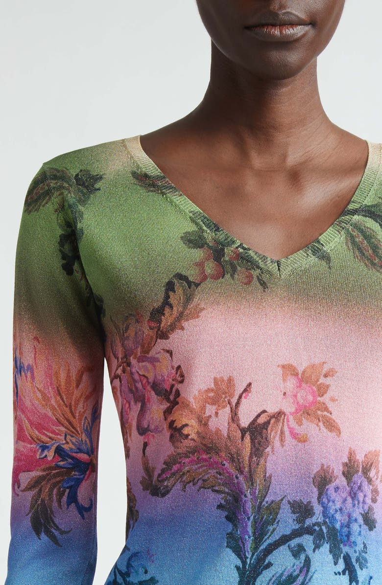 Etro Metallic Floral Ombré V-Neck Sweater, Alternate, color, Green