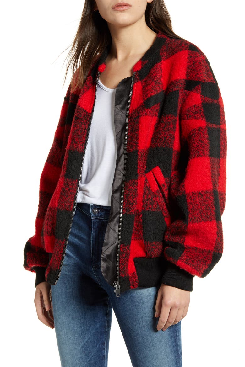 Brenda Buffalo Check Bomber Jacket, Main, color, RED/ BLACK