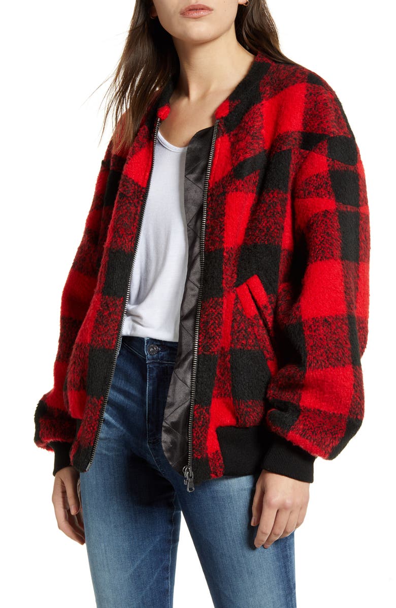 Rebecca Minkoff Brenda Buffalo Check Bomber Jacket, Main, color, Red/ Black