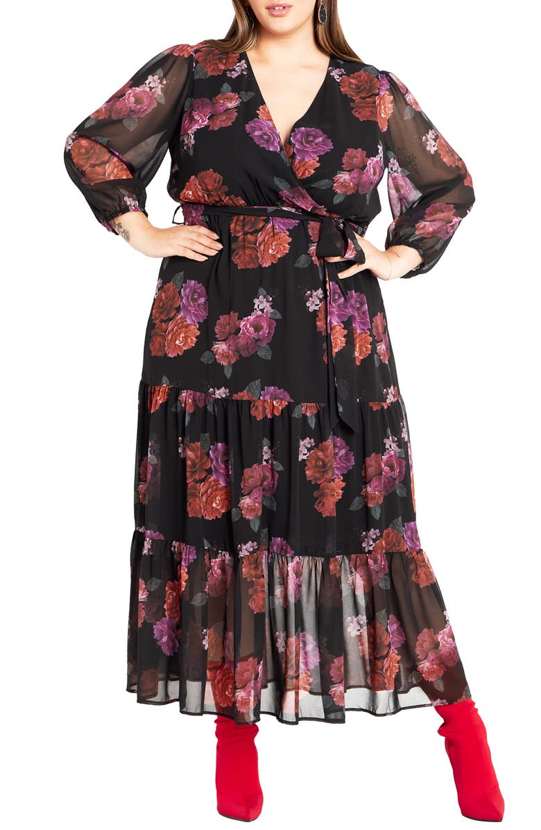City Chic Monique Print Long Sleeve Faux Wrap Maxi Dress, Main, color, 