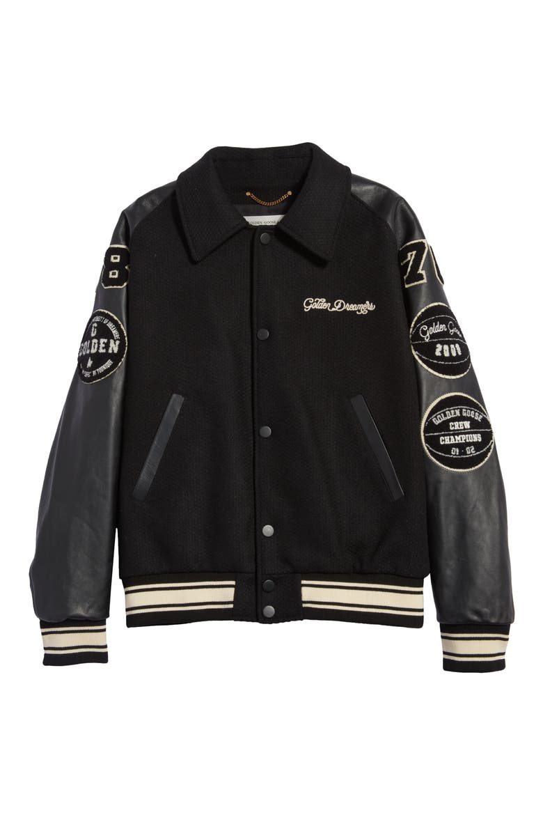 Golden Dreamers Wool & Leather Letterman's Jacket, Alternate, color, BLACK