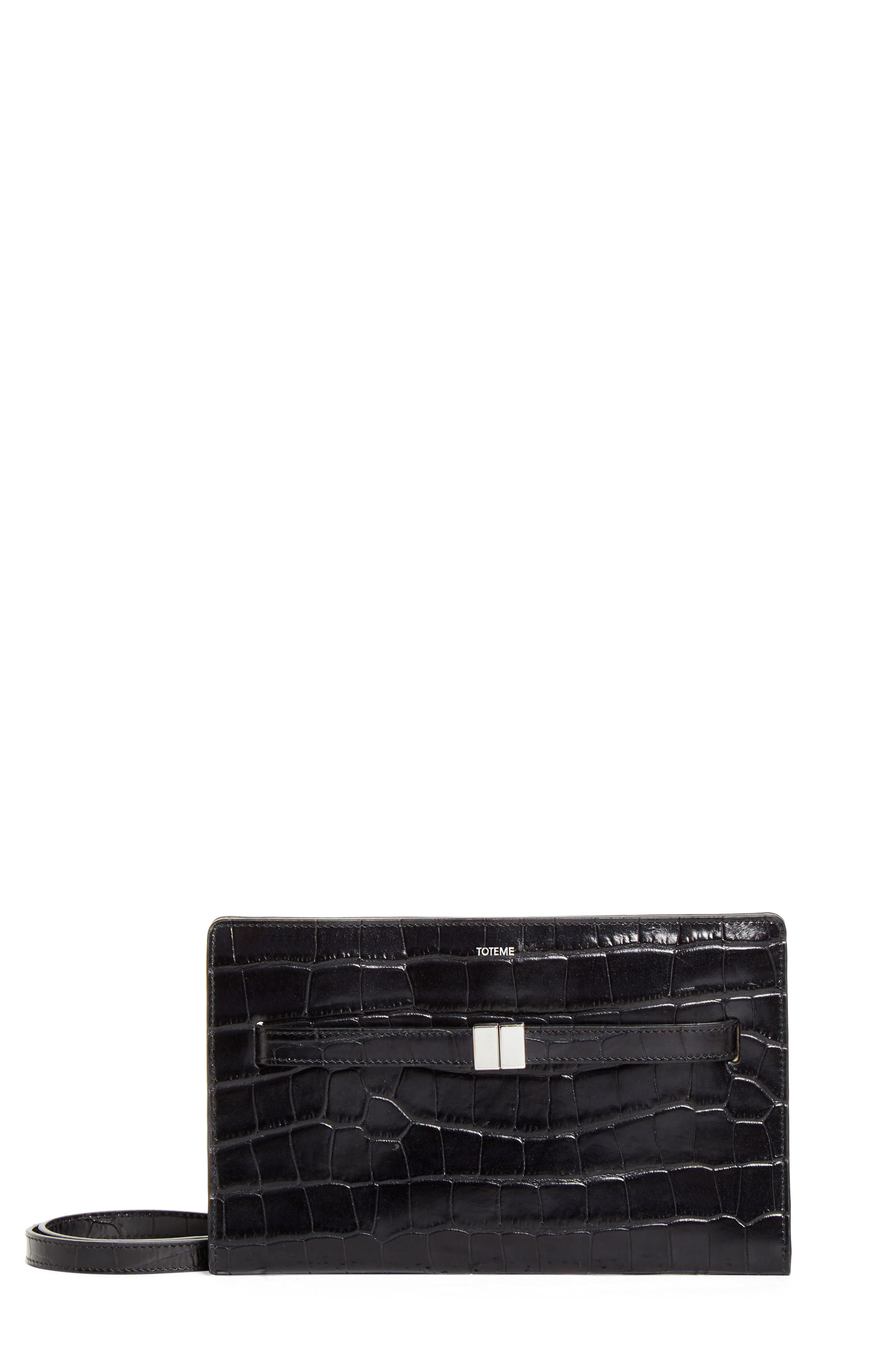 Belted Croc Embossed Leather Crossbody Bag, Main, color, BLACK