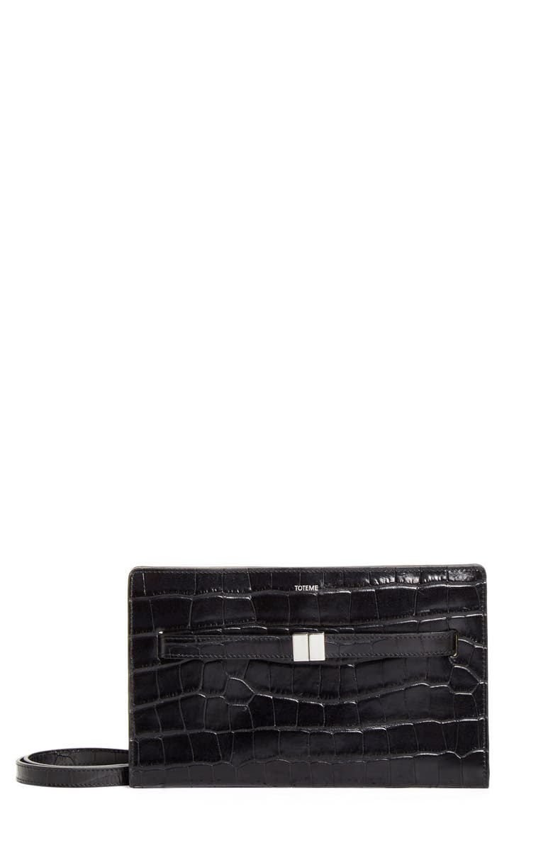 TOTEME Belted Croc Embossed Leather Crossbody Bag, Main, color, Black