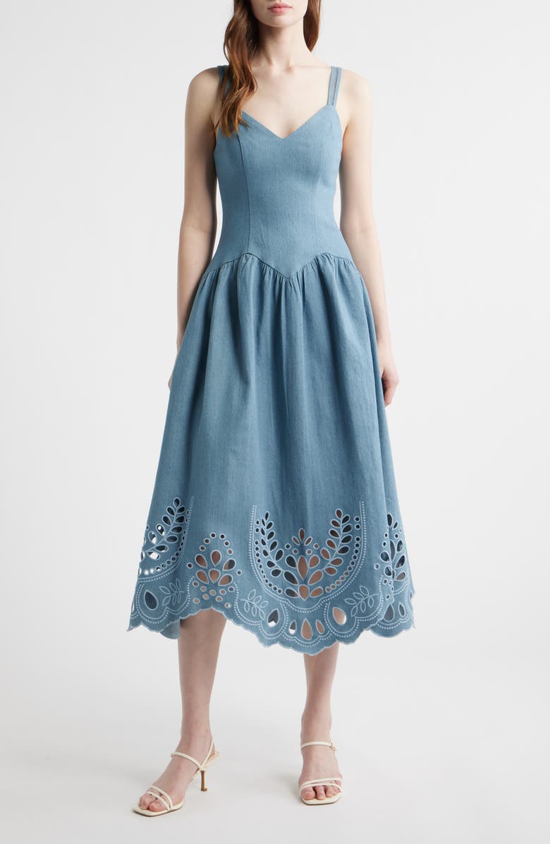 MOON RIVER Eyelet Detail Sleeveless Midi Dress, Main, color, Light Blue