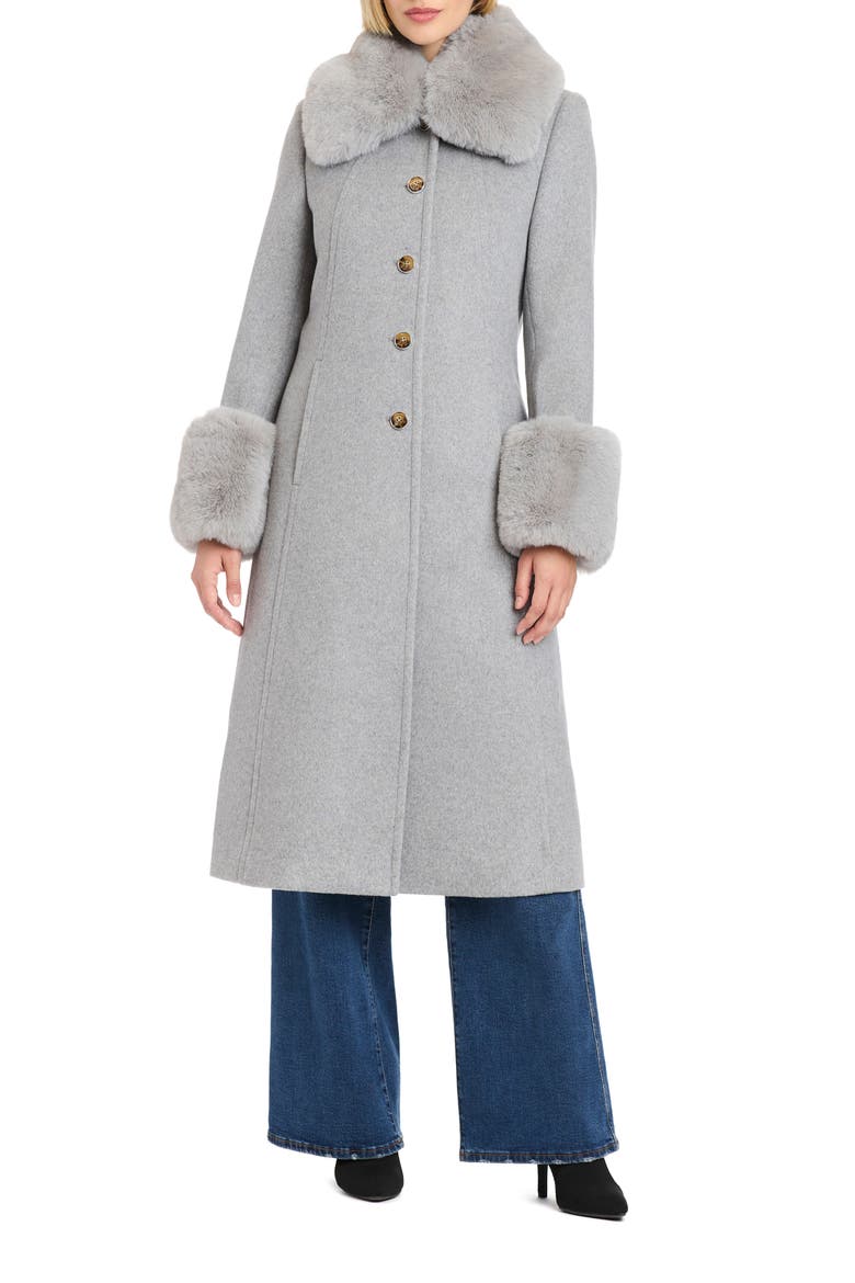 Single Breasted Coat with Removable Faux Fur Collar & Cuffs, Main, color, GREY