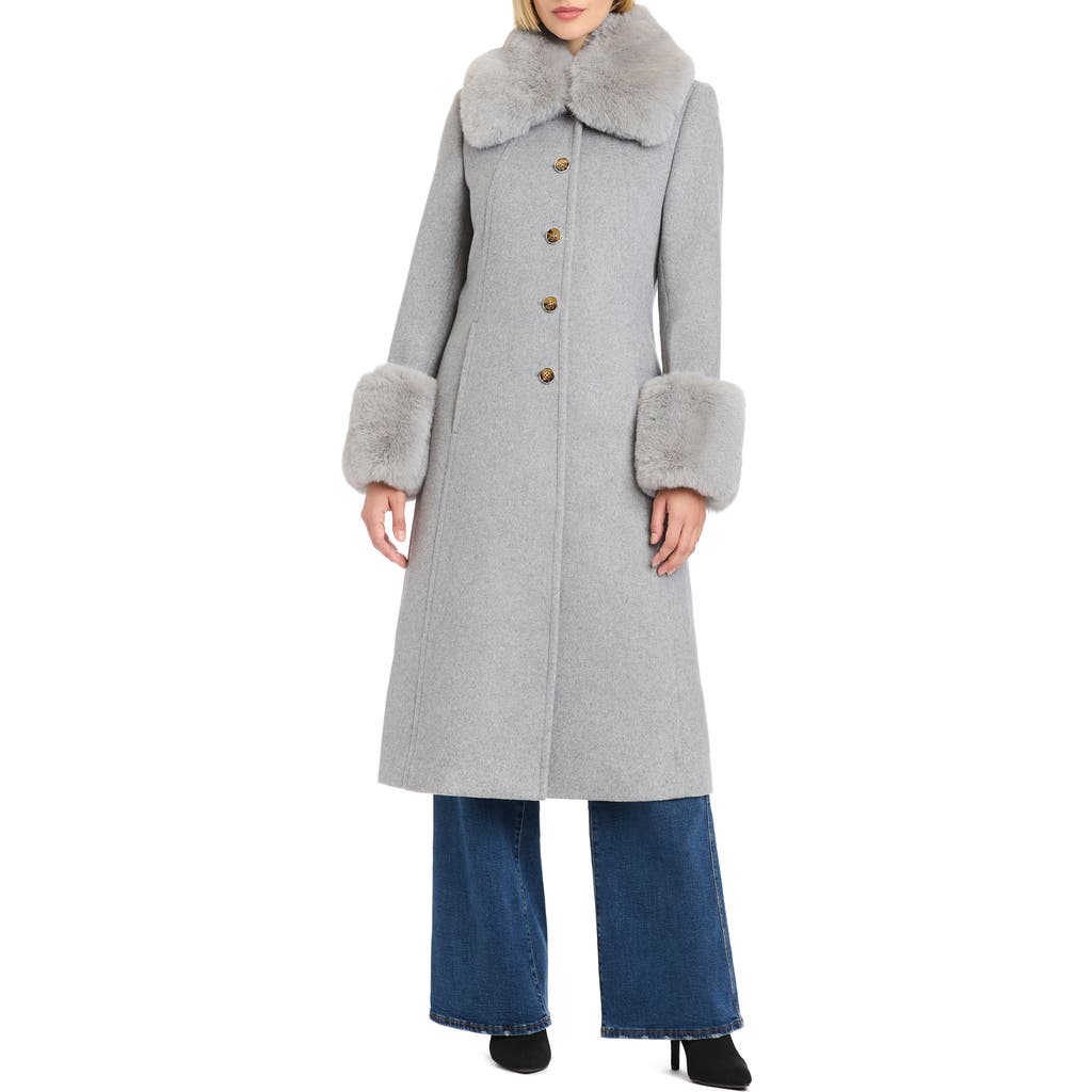Vince Camuto Wool Blend Coat With Removable Faux Fur Collar And Cuffs In Gray