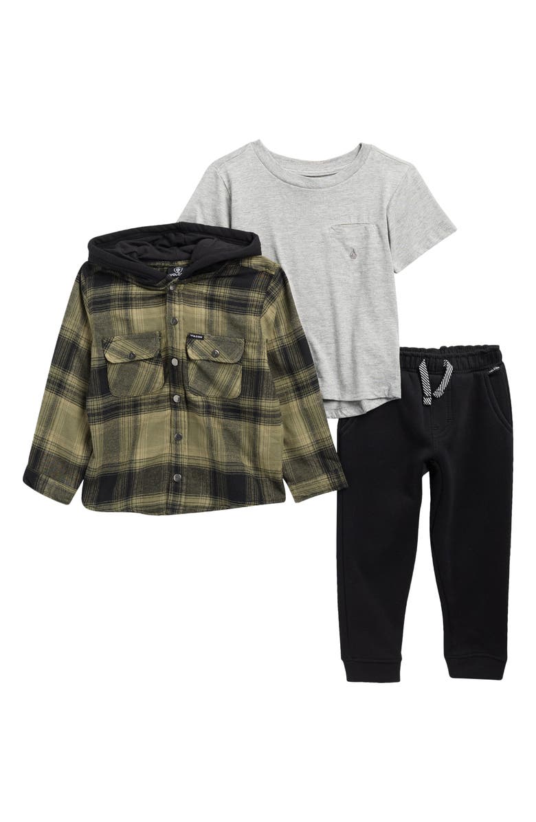Volcom Kids' Plaid Flannel Hooded Jacket, T-Shirt & Fleece Joggers Set, Main, color, Dark Olive