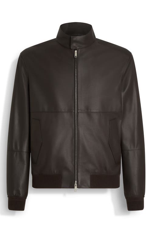Shop Zegna Leather Jacket In Dark Brown Solid
