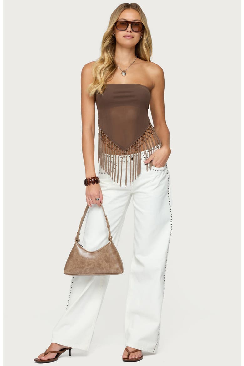 Fringe Hem Mesh Tube Top, Alternate, color, BROWN