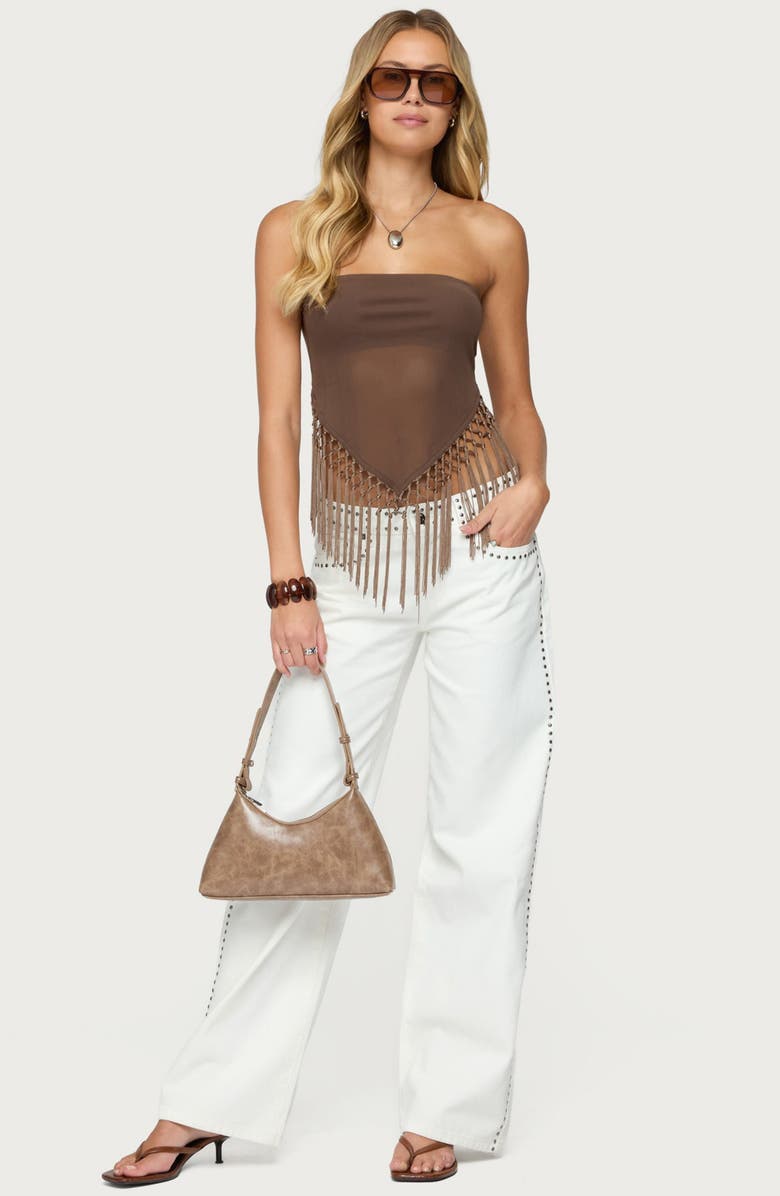 EDIKTED Fringe Hem Mesh Tube Top, Alternate, color, Brown