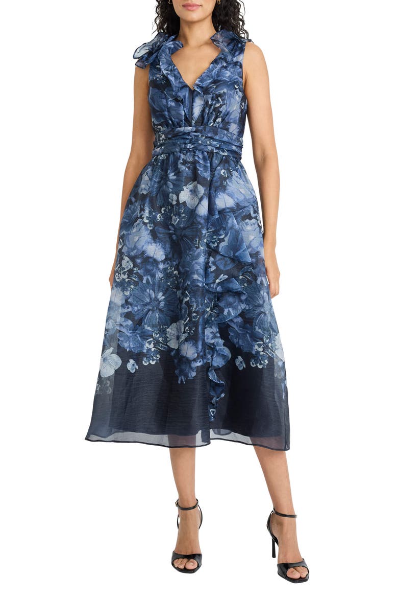 Ruffle V-Neck Organza Cocktail Dress, Main, color, NAVY/ MIDNIGHT GREY