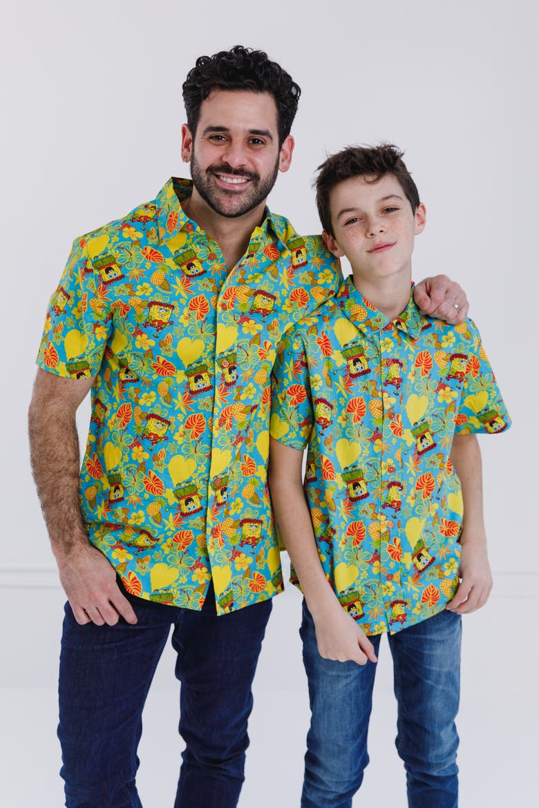 SpongeBob SquarePants Hawaiian Button-Down Shirt, Alternate, color, SpongeBob Teal