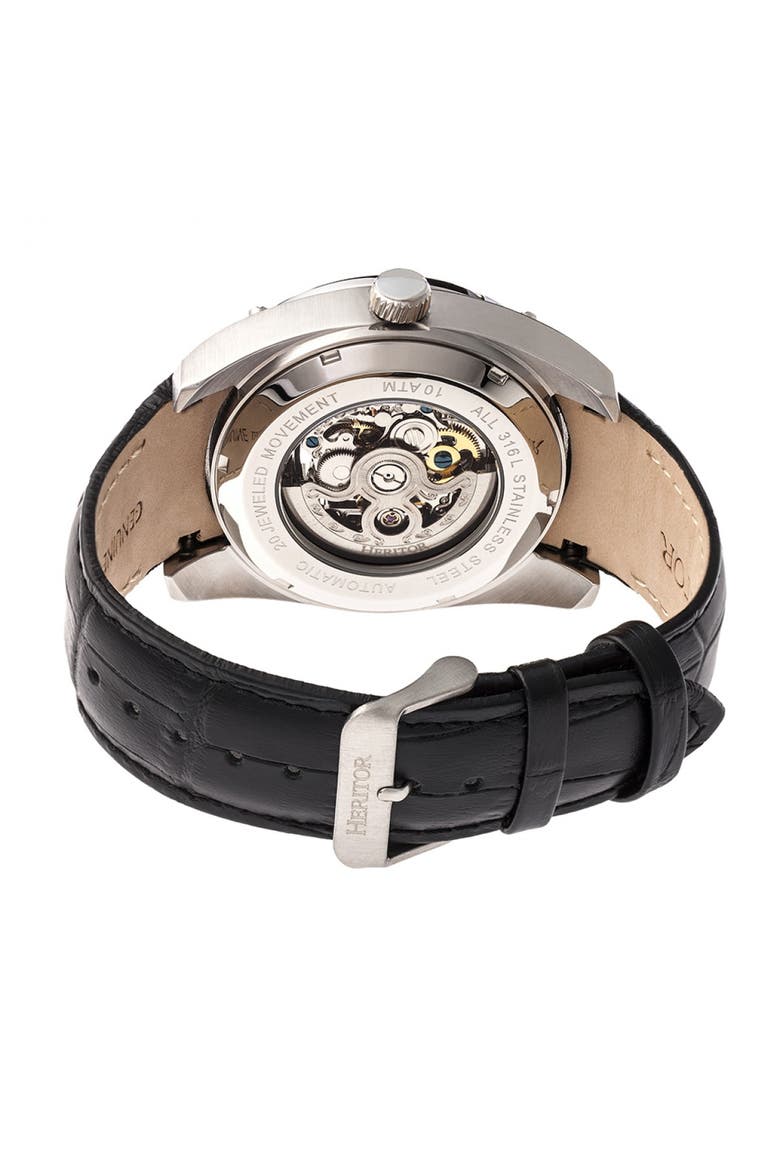 Daniels Semi-Skeleton Leather-Band Watch, Alternate, color, Silver/Black