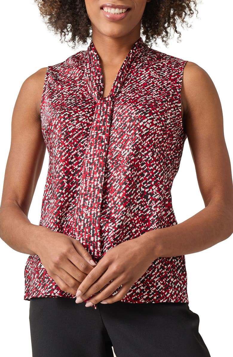 KASPER Abstract Print Tie Front Sleeveless Satin Top, Main, color, 